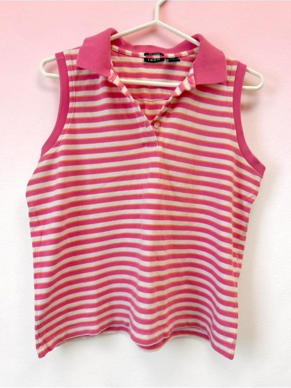 Izod Striped Sleeveless Polo Tank - Pink, Orange & Cream